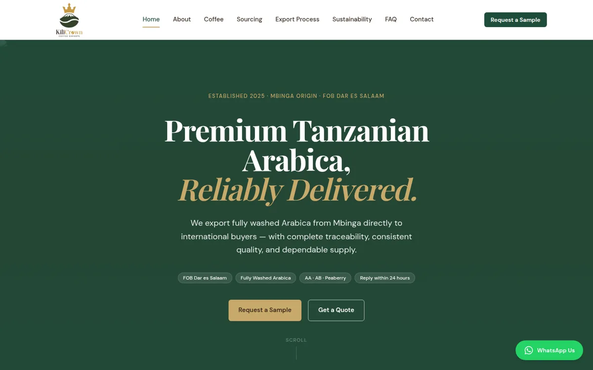KiliCrown Coffee Exports homepage